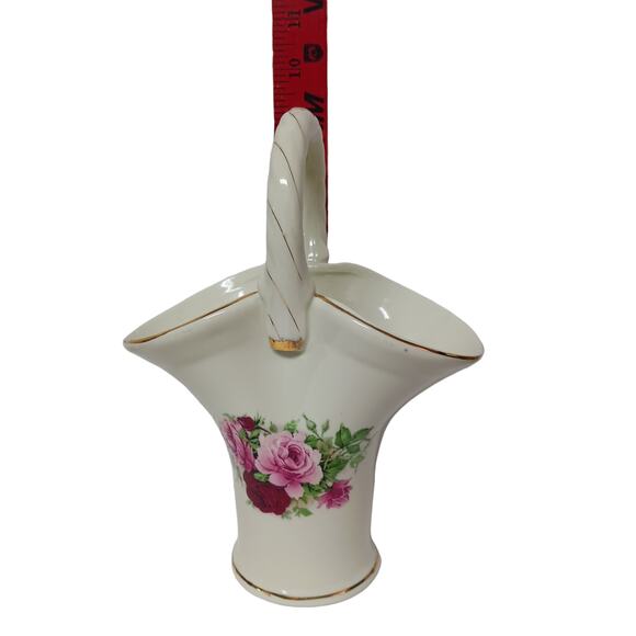 Formalities Style Ceramic Basket Vase Red Pink Rose Handle Gold Accent Decor VTG - Picture 6 of 15